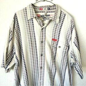 Vintage Marc Ecko 2XL grey and white button up short sleeve shirt
